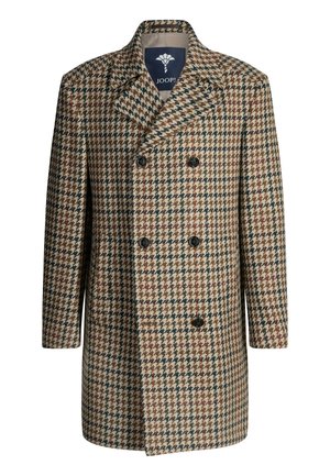 Brown and beige houndstooth patterned wool coat featuring a double-breasted design, peak lapels, and black buttons.