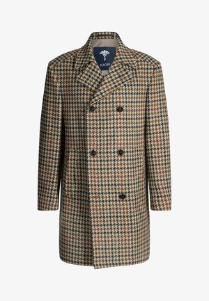 Bruine en beige wollen jas met hondentandmotief, voorzien van een dubbelgeknoopt ontwerp, spitse revers en zwarte knopen.