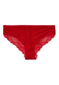 Perizoma rosso in pizzo con motivo floreale, texture morbida e bordi scallopati per un tocco delicato. Il materiale è trasparente e elasticizzato.