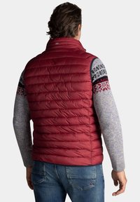 Rode puffer vest met horizontale stiksels, hoge kraag en lichte isolatie, gedragen over een gebreide trui met blauw-grijze mouwen.