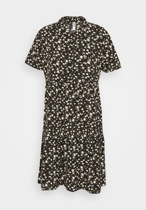 Schwarzes Kurzarmkleid mit Kragen, das über ein florales Muster in Weiß und Gelb verfügt und einen gestuften Saum hat.