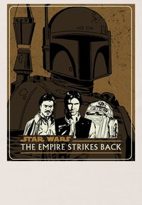 Ilustracja w klimacie Gwiezdnych Wojen z Bobą Fettem w zbroi, Hanem Solo, Lando Calrissianem i R2-D2 na zniszczonym brązowym tle.