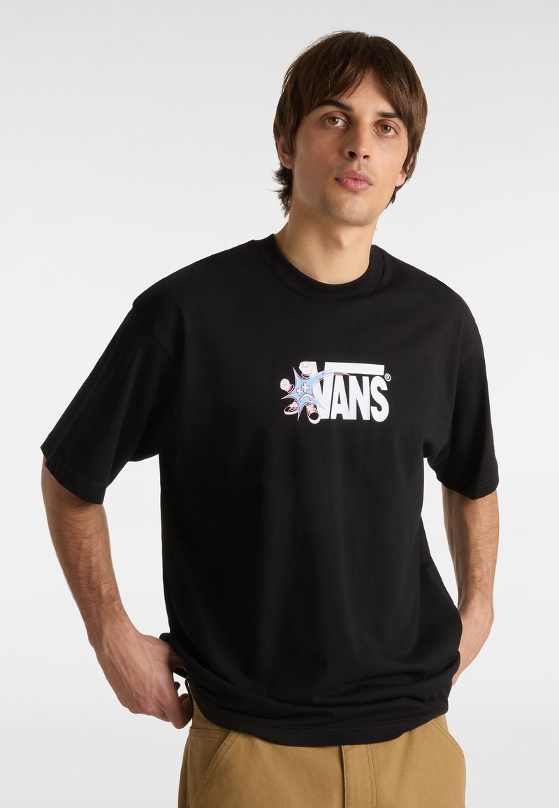 Black short-sleeve cotton t-shirt featuring a prominent white "VANS" logo with a colorful graphic detail. Relaxed fit and round neckline.