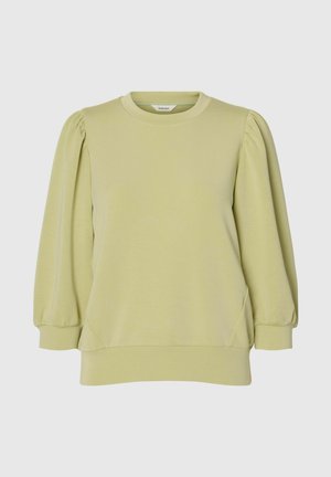 Hellgrüner Crewneck-Sweatshirt mit aufgeblähten langen Ärmeln und gerippten Bündchen und Saum, dargestellt vor einfachem Hintergrund.