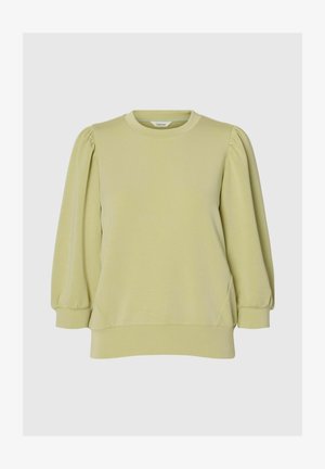 Hellgrüner Crewneck-Sweatshirt mit aufgeblähten langen Ärmeln und gerippten Bündchen und Saum, dargestellt vor einfachem Hintergrund.