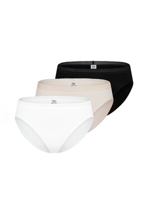 Three women's brief-style underwear in black, beige, and white, each with a lace-trimmed waistband and front label.