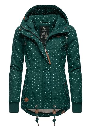 Groene jas met witte stippen, rits aan de voorkant, elastische manchetten, verstelbare capuchon en trekkoorden aan de onderkant. Bevat leren accenten.