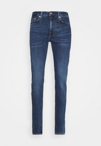 Slim fit fark blue jeans, jossa on haalistunut pesu, viisi-taskuinen muotoilu, vetoketjuluukku ja brändätyt metalliosat. Sileä rakenne.