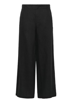 Juodos lino plačios kojinės kelnės su elastinga juosmens juosta, pasižyminčios lygiomis tekstūromis ir laisva siluetu, tinkamos kasdieniam dėvėjimui.