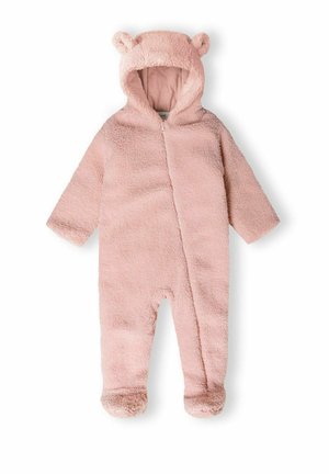Combinaison bébé en polaire rose douce avec capuche à oreilles d'ours, manches longues et pieds couverts, fermeture éclair sur le devant.