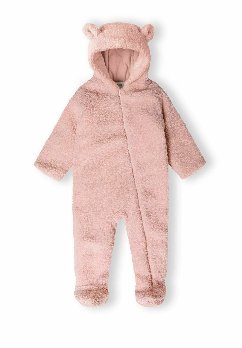 Combinaison bébé en polaire rose douce avec capuche à oreilles d'ours, manches longues et pieds couverts, fermeture éclair sur le devant.