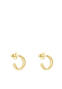 Pendientes de aro dorados con forma curva, adornados con acentos florales y pequeños recortes a lo largo del borde, acabado pulido y suave.