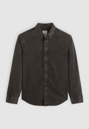 Dark gray denim shirt with long sleeves, button-down collar, and front button closure. Features stitching accents and small logo on chest.
