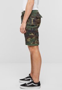 Krovinių šortai kamufliažo raštu, kuriame dominuoja žalia, ruda ir juoda spalvos. Pagaminti iš tvirto audinio, turi šonines kišenes ir atvartų detales. Juodi sportbačiai.