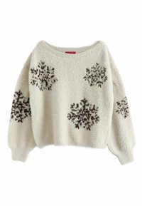 Weißer, flauschiger Pullover mit weitem Ausschnitt und langen Ärmeln. Mit dunkelbraunen Schneeflocken-Mustern auf der Vorderseite und den Ärmeln.
