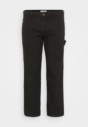 Black cotton trousers with a straight-leg design, featuring belt loops, front pockets, and a button closure. Smooth texture, minimalistic style.