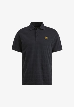 Zwarte polo met een gestructureerd patroon, korte mouwen, een drie-knopenknopsluiting en een kleine vierkante logopatch op de linkerborst.