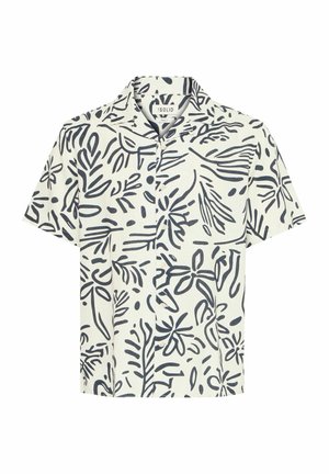 Camicia a maniche corte di un leggero color crema con motivi di foglie e fiori blu navy. Dotata di colletto e bottoni frontali. Vestibilità standard.