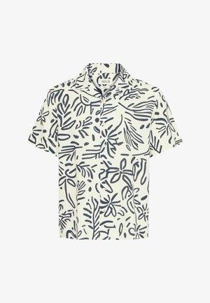 Korte mouwen shirt in lichtroom met navy blauwe bladeren- en bloemenpatronen. Beschikt over een kraag en knopen aan de voorkant. Standaard pasvorm.