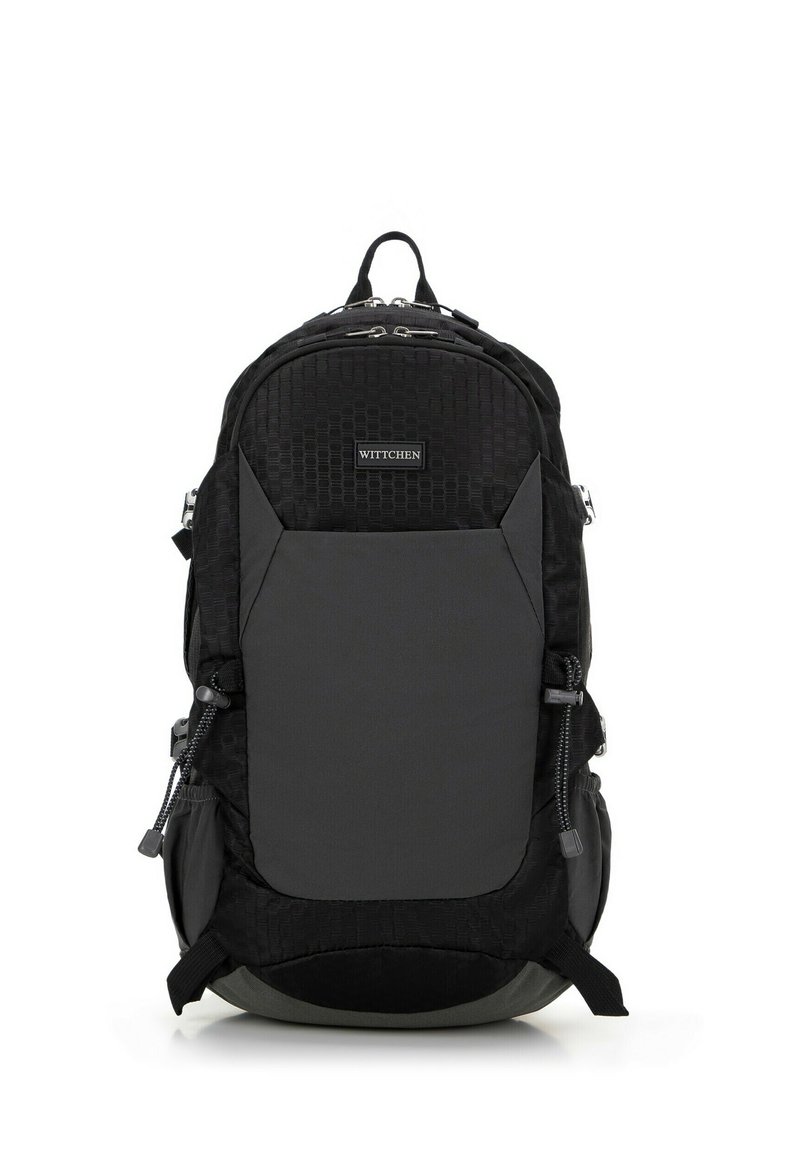 Sac à dos noir de WITTCHEN, avec une surface texturée, plusieurs compartiments et des bretelles réglables. Tissu lisse avec une finition mate.
