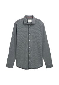 Camisa de manga larga a cuadros en gris oscuro y negro. Con botones en el frente, cuello estándar y una textura sutil. Corte entallado y dobladillo curvado.