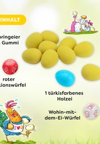Set includes eight yellow rubber eggs, one turquoise wooden egg, and a red action die. Notable textures and colors enhance visual interest.