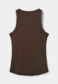 Brown ribbed tank top with a close-fitting design, rounded neckline, and sleeveless cut. Smooth texture, minimal seams, and curved hem.