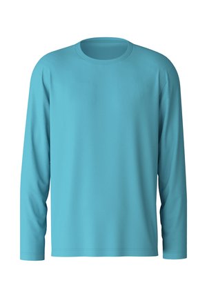 Turkoois lange mouwen shirt gemaakt van een soepele stof. Bevat een ronde halslijn en een eenvoudige stikafwerking bij de manchet en onderkant.