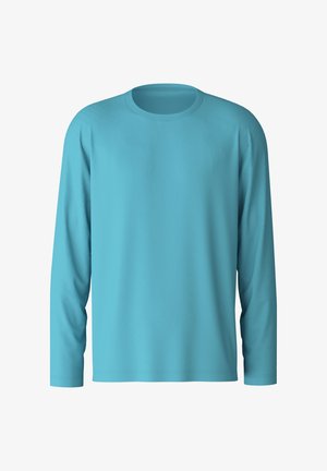 Turkoois lange mouwen shirt gemaakt van een soepele stof. Bevat een ronde halslijn en een eenvoudige stikafwerking bij de manchet en onderkant.