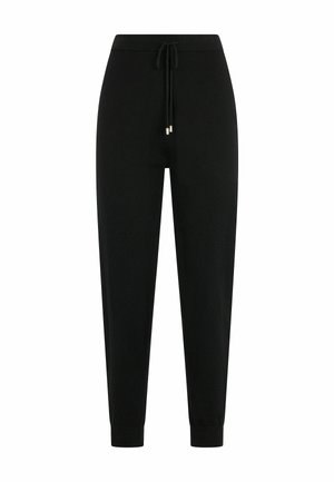 Black jogger pants made from soft fabric, featuring an elastic waistband with drawstring, ribbed cuffs, and a relaxed fit.