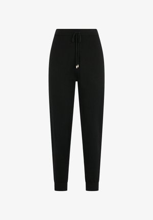 Schwarze Jogginghosen aus weichem Stoff, mit elastischem Bund und Kordelzug, gerippten Bündchen und lockerer Passform.