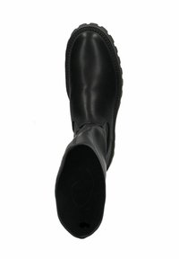 Zwarte leren enkellaars met een ronde neus, een gestructureerde zool en stiksel langs de bovenrand. Gladde afwerking en taps toelopend ontwerp.
