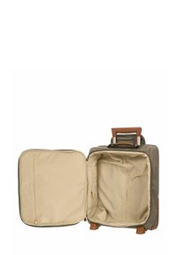 Bagages souples en vert olive avec une poignée beige, présentant un intérieur crème et une poche zippée. Ouvert, il révèle un grand espace de rangement.