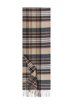 Wool scarf featuring a plaid pattern in beige, brown, and navy, with orange accents. Fringed ends add texture and detail.