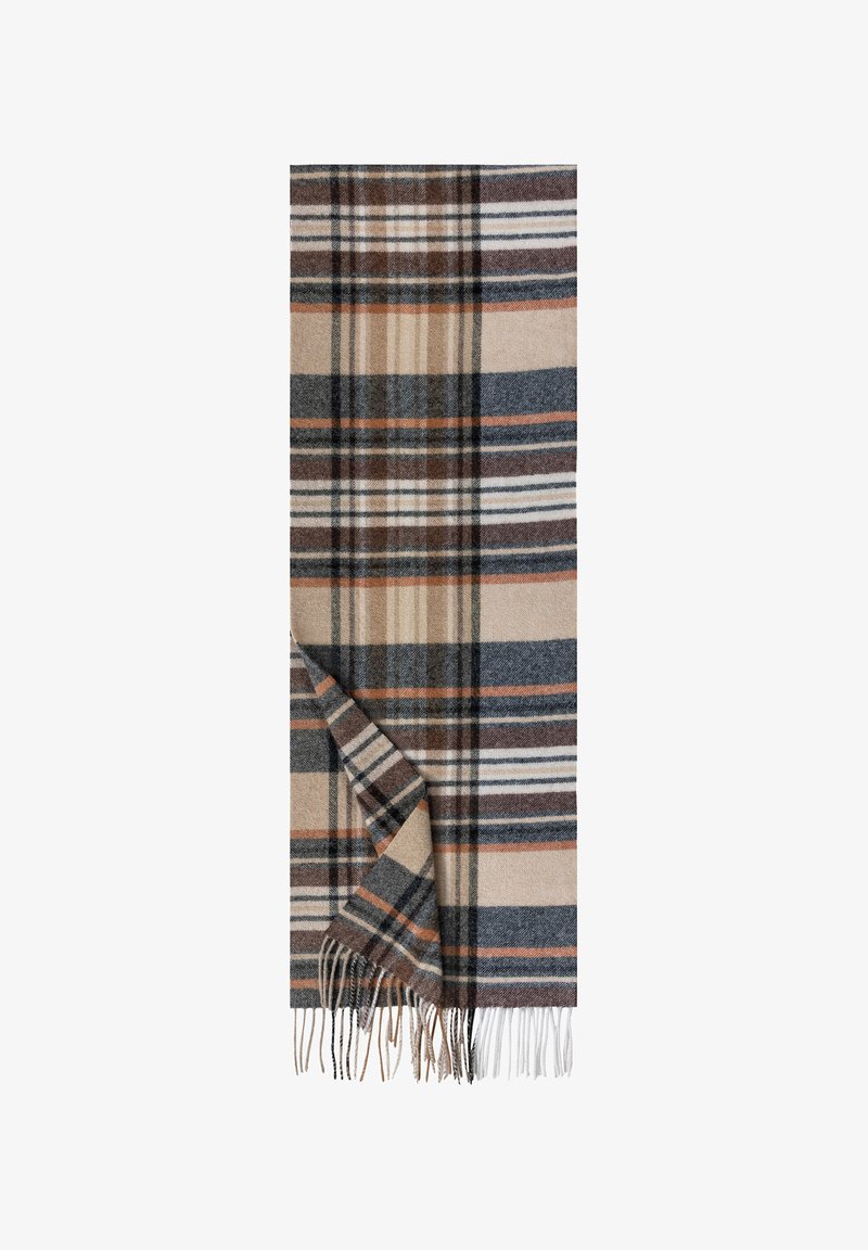 Wool scarf featuring a plaid pattern in beige, brown, and navy, with orange accents. Fringed ends add texture and detail.