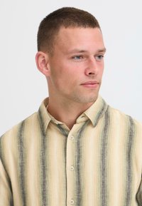 Korte mouwen, overhemd met knopen en verticale strepen in beige, groen en grijs. Gemaakt van lichtgewicht stof, met een zachte textuur en een brede kraag.