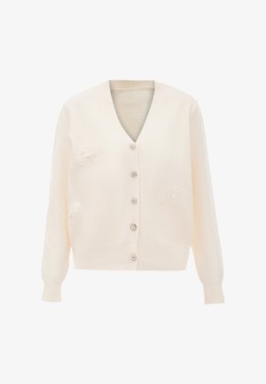 Cardigan tricotat crem cu decolteu în V, având butoane asemănătoare cu perlele și detalii texturate pe piept. Ajustare moale, lejeră și manșete cu nervuri.