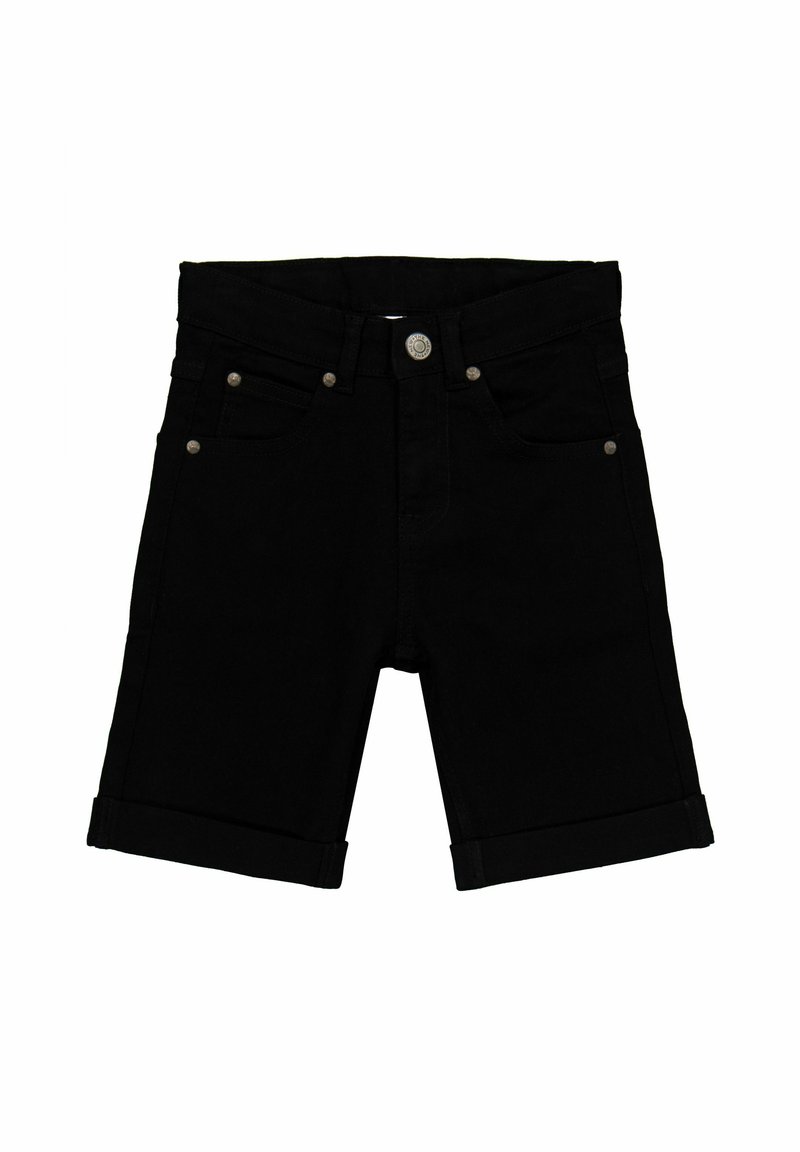 Čierne džínsy šortky s klasickým strihom, zahnutými lemami, piatimi vreckami a striebornými kovovými detailmi, vytvárajúce jednoduchý, všestranný dizajn.