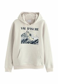 Sweter z kapturem w jasnym beżowym kolorze z grafiką góry i napisem "VAL D'ISERE Francja", kieszeń z przodu oraz sznurkiem do regulacji kaptura. Miękka tkanina.