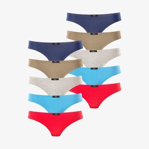 Assorted women's hipster underwear in various colors: navy, khaki, gray, light blue, and red. Made of soft, stretchable fabric with a logo tag.