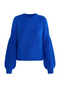 Kék kötött pulóver texturált felülettel, kerek nyakkivágással és bő ujjakkal. Ribbelt részletezés a mandzsettákon és a deréknál.