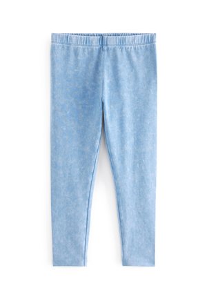 Leggings bleu clair avec une surface texturée, une taille élastique et des jambes fuselées. Adaptés pour un usage décontracté ou pour le superposition.