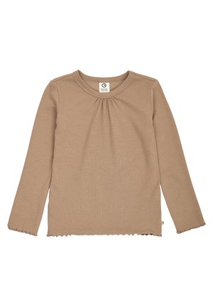 Langärmeliges, hellbraunes geripptes Shirt mit kleinen Raffungen unter dem runden Ausschnitt und dezentem Salatblattabschluss an Ärmeln und Saum.