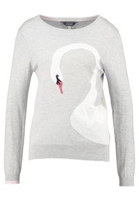 Maglione grigio lavorato a maglia con design di cigno in bianco, arricchito da dettagli in nero e rosa. Maniche lunghe e scollo rotondo.