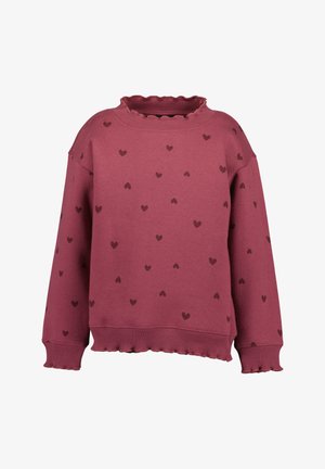Staubrosafarbener Sweatshirt mit langen Ärmeln und kleinen dunklen Herzmustern, geripptem gerafftem Kragen, Bündchen und Saum.