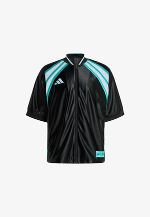 Schwarze kurze Reißverschluss-Sportjacke mit weißen und türkisfarbenen Mesh-Einsätzen auf den Schultern, Adidas-Logo auf der Brust und Etikett am Saum.