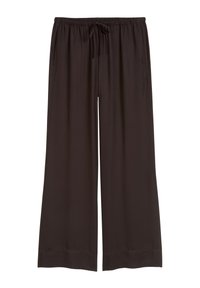 Zwarte wijde broek van een soepele stof, met een elastische tailleband en een trekkoord, en een rechte, vloeiende silhouette.