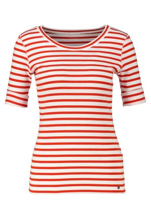 Red and white striped t-shirt with short sleeves, a round neckline, and a fitted design. Smooth cotton material, subtle brand logo at the hem.