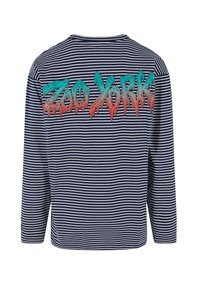 Navy and white striped long-sleeve shirt featuring a colorful, dripping text graphic reading "ZOO YORK" across the back.