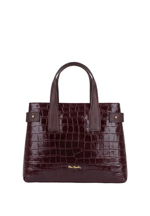 Borsa a mano marrone scuro lucida con texture coccodrillo, due manici e logo dorato al centro davanti.